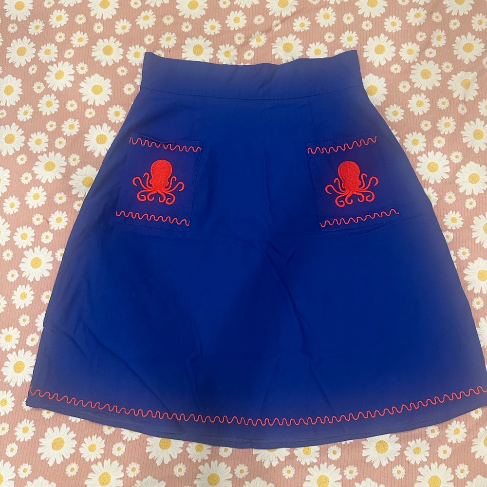 Sourpuss Blue A-Line Skirt with Red Octopus Embroidery